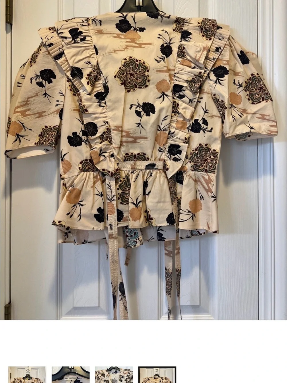 Floral Ruffle Wrap Blouse in Cream and Black - Women's Top